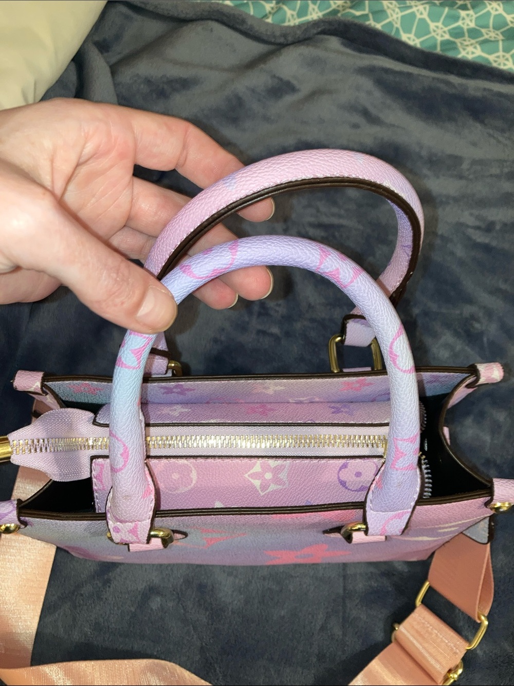 Designer-Inspired Lavender Floral Tote with Pink Strap - Picture 7 of 9